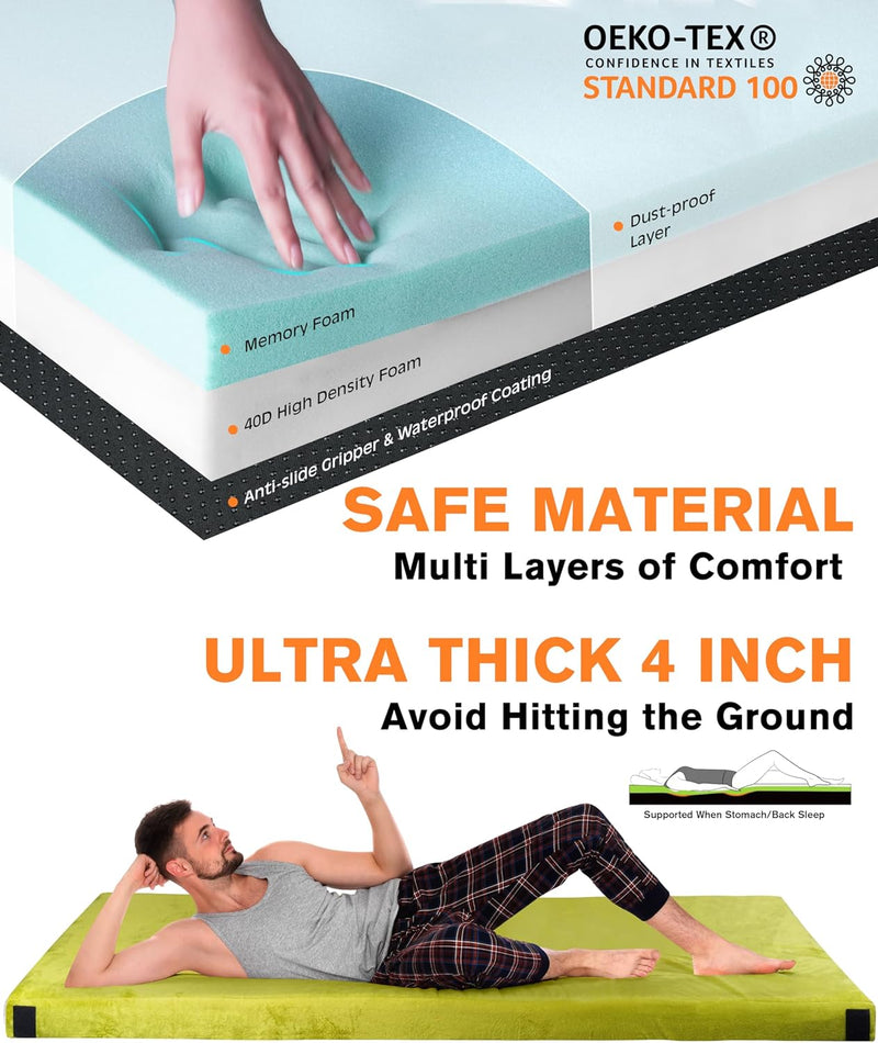 4 Inch  Extra Thick Memory Foam Camping Mattress, Roll up Floor Sleeping Mat Camp Cot Mattress Pad Travel Camping Couch Bed for Guest Adults Side Sleepers