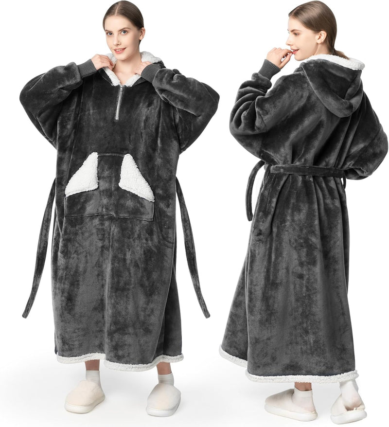 Wearable Blanket Hoodie as Gifts for Women, Long Sherpa Fleece Hooded Blankets with Oversize Hood and Pocket, Warm and Cozy Sweatshirt with Belt, Winter Gift