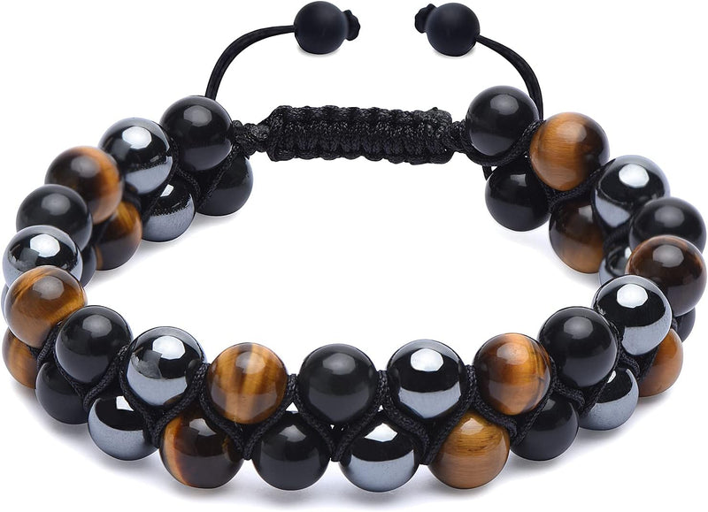 Triple Protection Bracelet, Genuine Tigers Eye Black Obsidian and Hematite 8Mm Beads Bracelet for Men Women, Crystal Jewelry Stone Bracelets Christmas Gifts for Men Bring Luck Prosperity
