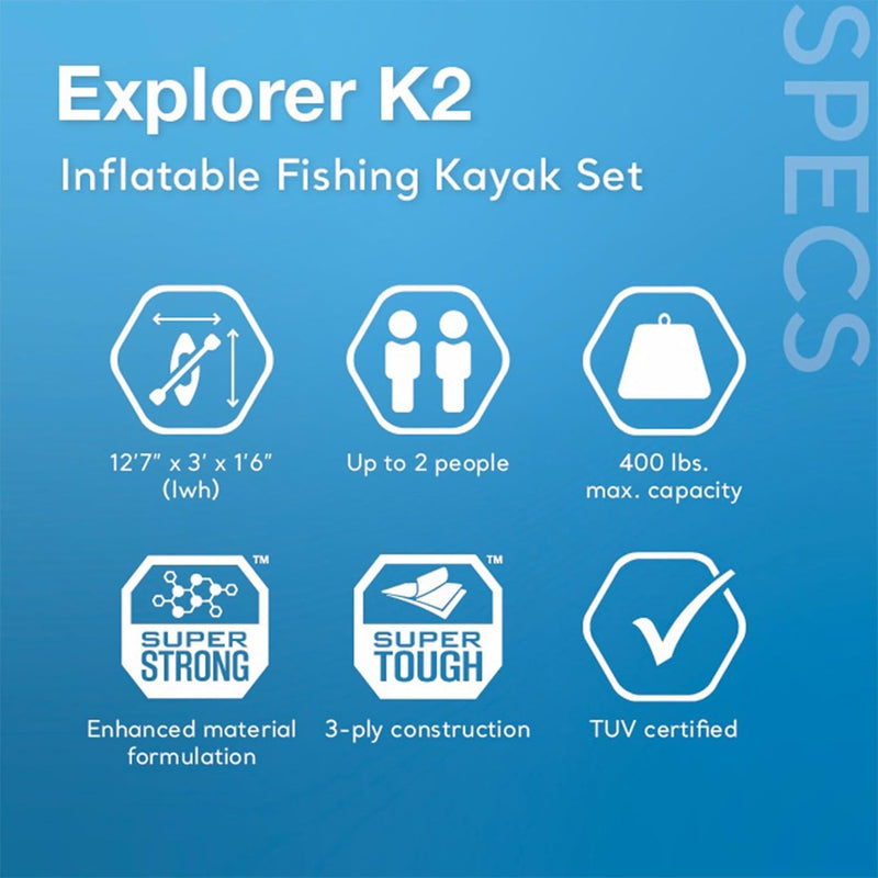 68309EP Excursion Pro K2 Inflatable Kayak Set: Includes Deluxe 86In Kayak Paddles and High-Output Pump – Supertough PVC – Adjustable Bucket Seat – 2-Person – 400Lb Weight Capacity