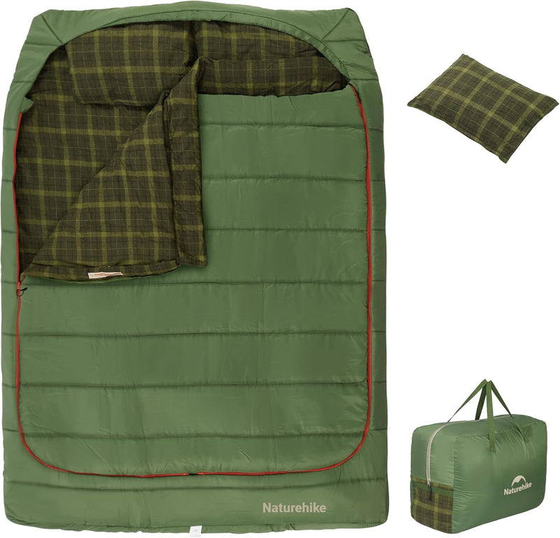 0 Degree and 40 Degree Flannel Two Person Sleeping Bag with Pillows for Adults, Couples & Family, Doublewide Double Sleeping Bag 2 Person for All Seasons Camping Hiking Backpacking