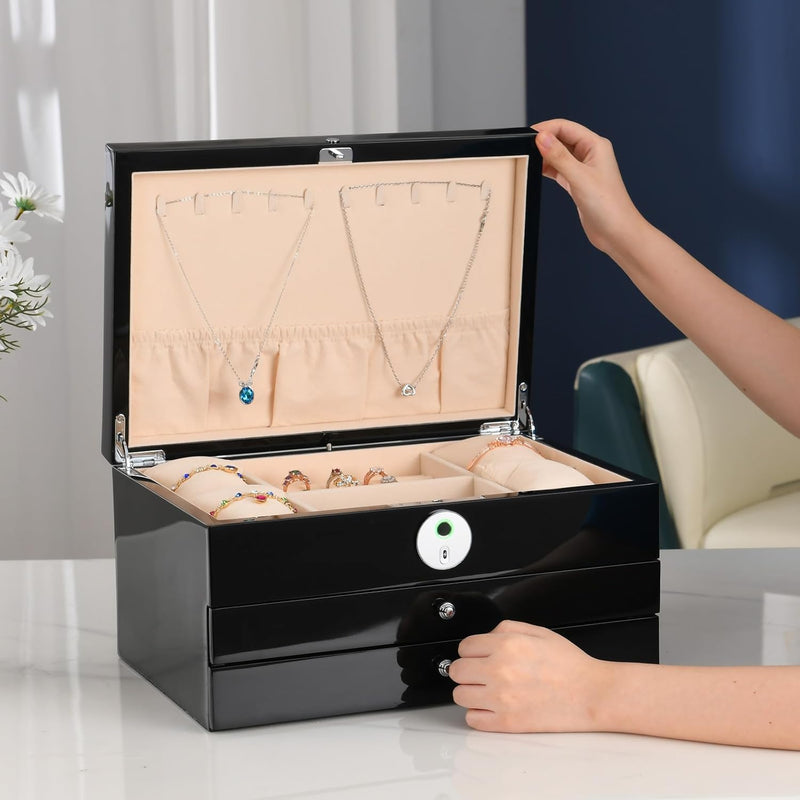 Jewelry Box with Fingerprint Lock, Black Wood Piano Lacquer Jewellery Organizer Storage Box with Drawer, 3-Layer Full Lockable, for Women or Men'S Gift