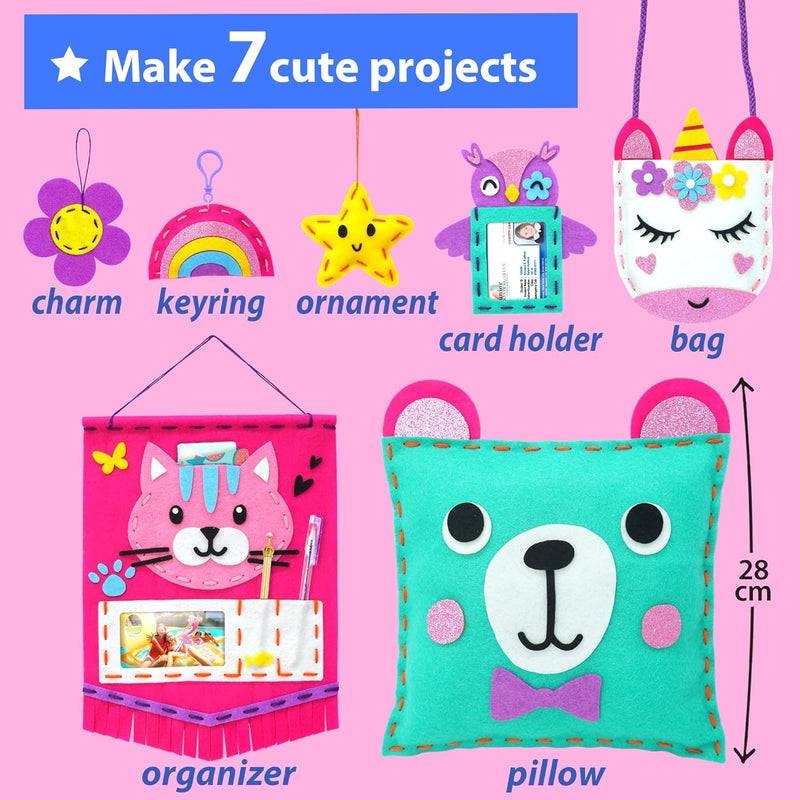 My First Sewing Kit for Beginner Kids Arts & Crafts, 7 Easy DIY Projects of Stuffed Animal Dolls and Plush Pillow Craft, Instructions & Felt, Gift for Girls, Boys, Learn to Sew, Embroidery