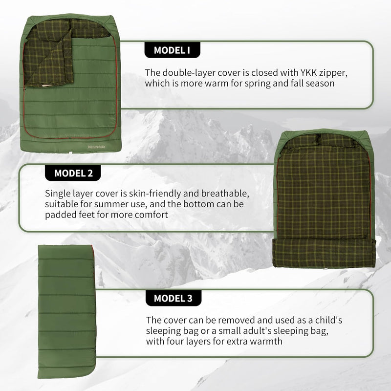 0 Degree and 40 Degree Flannel Two Person Sleeping Bag with Pillows for Adults, Couples & Family, Doublewide Double Sleeping Bag 2 Person for All Seasons Camping Hiking Backpacking