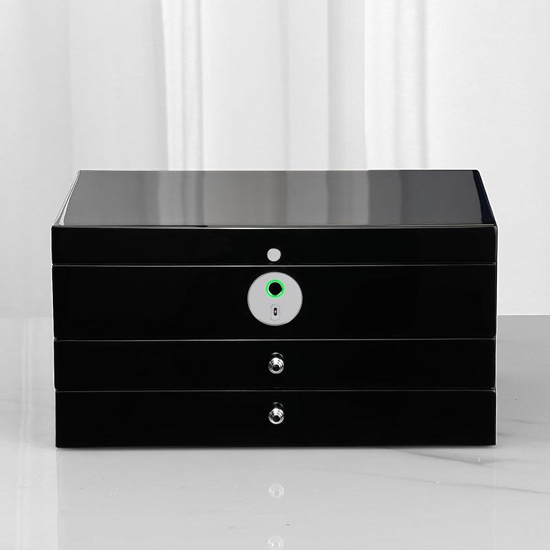 Jewelry Box with Fingerprint Lock, Black Wood Piano Lacquer Jewellery Organizer Storage Box with Drawer, 3-Layer Full Lockable, for Women or Men'S Gift