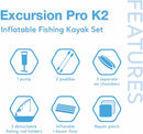 68309EP Excursion Pro K2 Inflatable Kayak Set: Includes Deluxe 86In Kayak Paddles and High-Output Pump – Supertough PVC – Adjustable Bucket Seat – 2-Person – 400Lb Weight Capacity