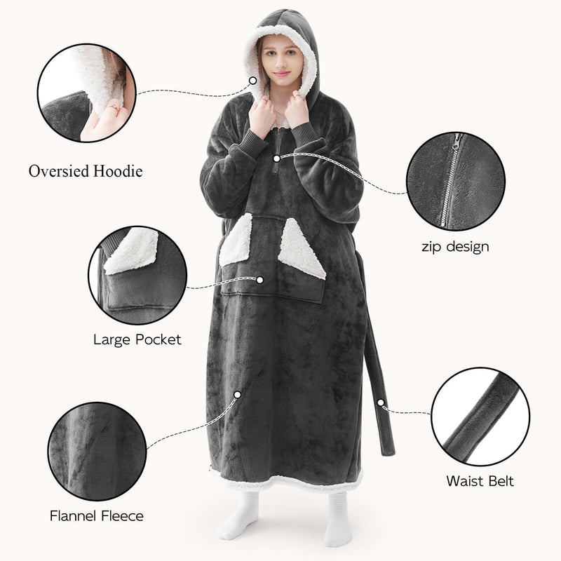 Wearable Blanket Hoodie as Gifts for Women, Long Sherpa Fleece Hooded Blankets with Oversize Hood and Pocket, Warm and Cozy Sweatshirt with Belt, Winter Gift