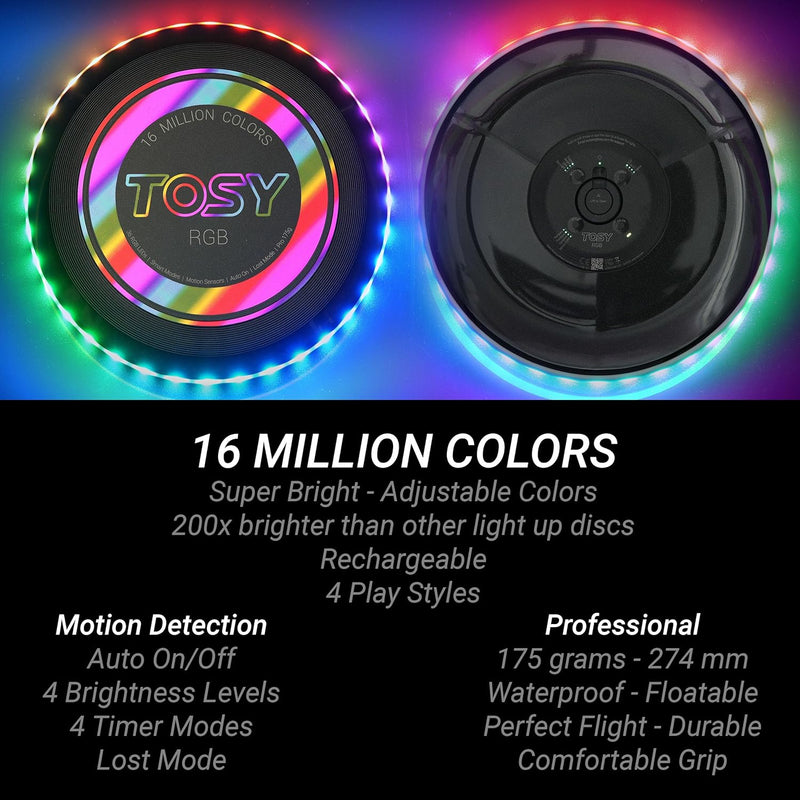 Flying Disc - 16 Million Colors RGB or 36 Leds, Extremely Bright, Smart Modes, Camping Essentials for Teens/Kids/Adults/Men/Boys/Girls, Auto Light Up, Rechargeable, Waterproof, 175G