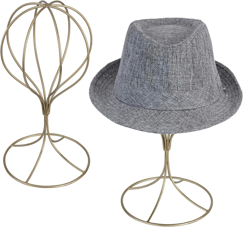Handcrafted Modern Brass Electroplated Metal Hat Holder Stand with round Base, Decorative Tabletop Wig and Hat Display Stand, Set of 2 - Handmade in India