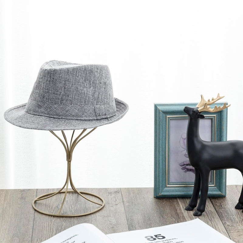 Handcrafted Modern Brass Electroplated Metal Hat Holder Stand with round Base, Decorative Tabletop Wig and Hat Display Stand, Set of 2 - Handmade in India