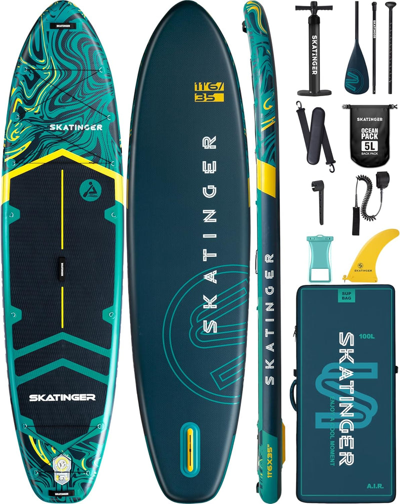11'6×35" Super Wide Inflatable Paddle Board, Ultra Stable Stand up Paddleboards for 450Lb/3 People/Family/Big Size W/Shoulder Strap, 100L Backpack, All-Round Sup Board, US Fin