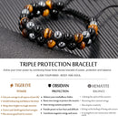 Triple Protection Bracelet, Genuine Tigers Eye Black Obsidian and Hematite 8Mm Beads Bracelet for Men Women, Crystal Jewelry Stone Bracelets Christmas Gifts for Men Bring Luck Prosperity