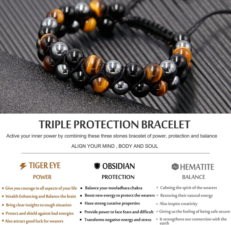 Triple Protection Bracelet, Genuine Tigers Eye Black Obsidian and Hematite 8Mm Beads Bracelet for Men Women, Crystal Jewelry Stone Bracelets Christmas Gifts for Men Bring Luck Prosperity
