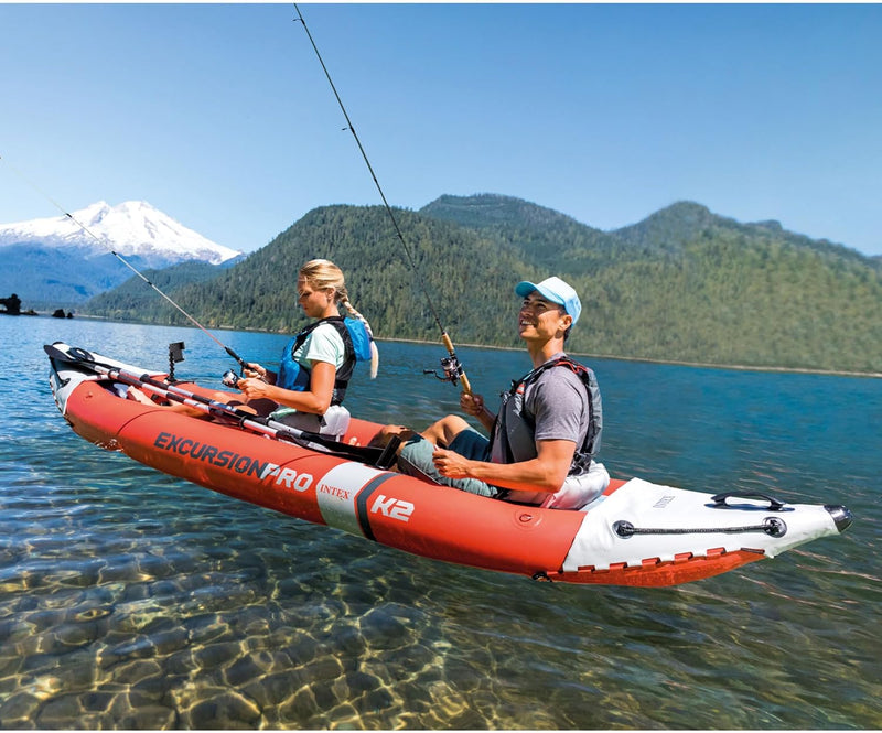 68309EP Excursion Pro K2 Inflatable Kayak Set: Includes Deluxe 86In Kayak Paddles and High-Output Pump – Supertough PVC – Adjustable Bucket Seat – 2-Person – 400Lb Weight Capacity