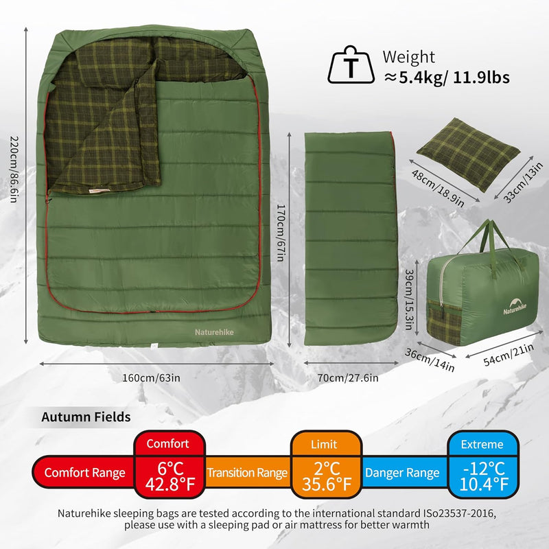 0 Degree and 40 Degree Flannel Two Person Sleeping Bag with Pillows for Adults, Couples & Family, Doublewide Double Sleeping Bag 2 Person for All Seasons Camping Hiking Backpacking