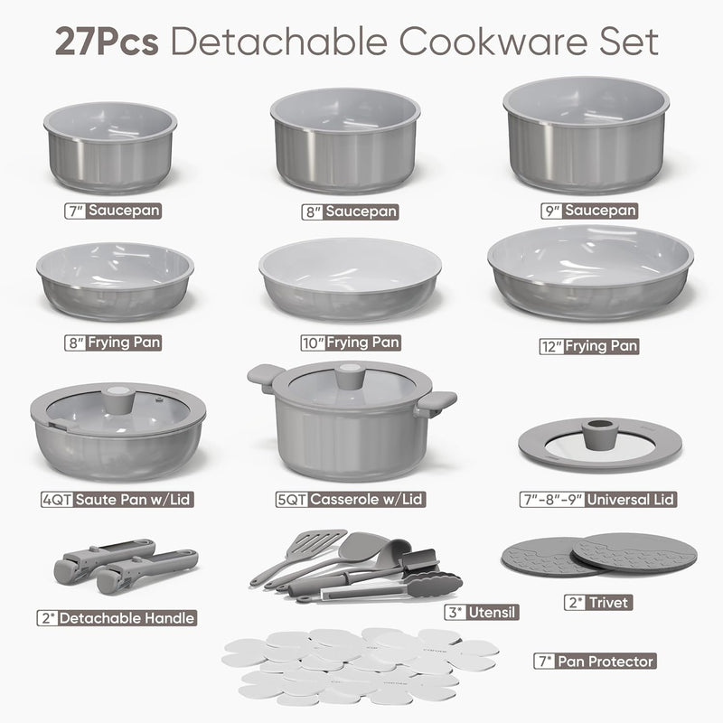 27Pcs Ceramic Cookware Set Nonstick, Pots and Pans Set Non Stick, Non Toxic Cookware, Dishwasher/Oven Safe, Rv/Camping Cookware Set, Pan and Pot with Kitchen Utensils, Dark Gray