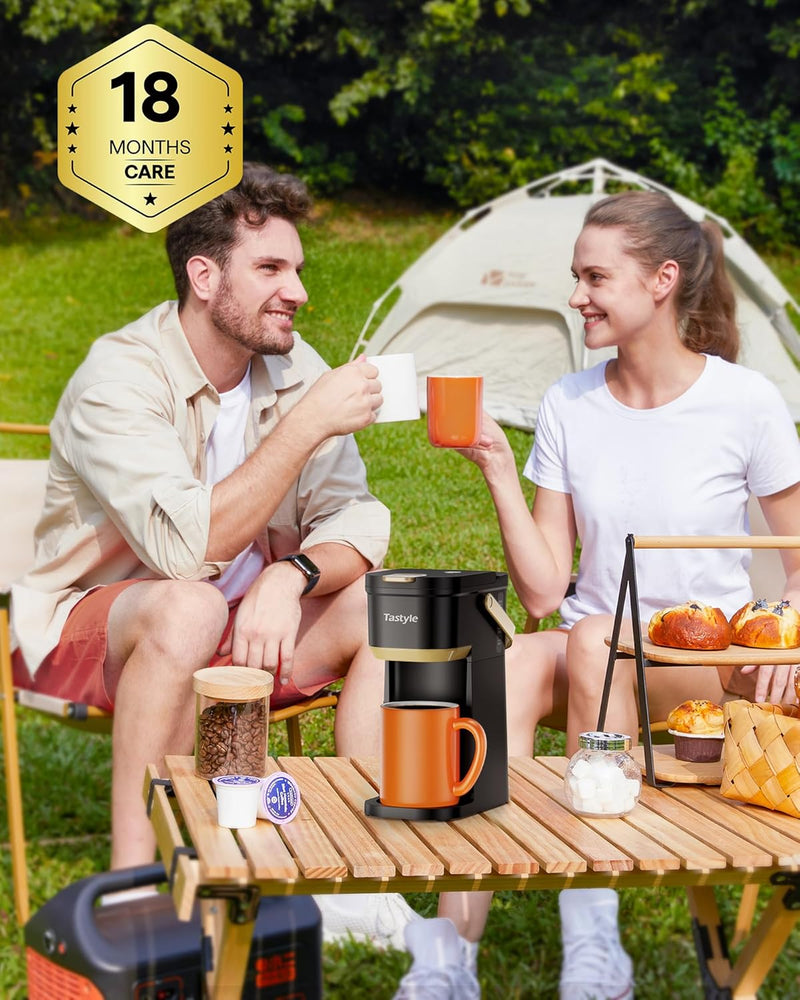 Single Serve One Cup Coffee Maker, for K Cups and Grounds, Mini Coffee Maker with Portable Handle, 6 to 12 Oz Brew Size, for Travel, Camping, Office, RV and Dorm, 120V, Black and Gold