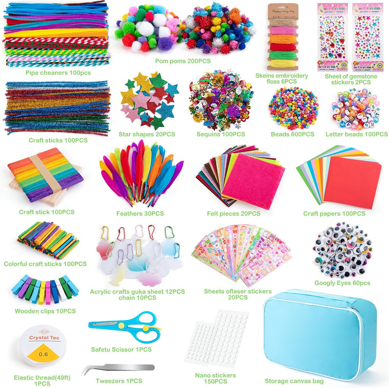 Arts and Crafts Supplies for Kids, 2000+Pcs DIY Craft Kits, Ages 6-10, Unisex, Multicolor, Modern, Includes Oxford Cloth Bag, Safetu Scissors