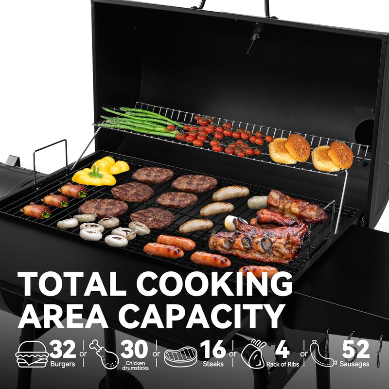 CC1830S 30" BBQ Charcoal Grill and Offset Smoker | 811 Square Inch Cooking Surface, Outdoor for Camping | Black