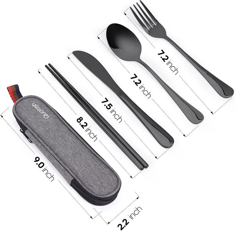 Travel Utensils with Case,  Portable Silverware Set for Work, Stainless Steel Reusable Travel Cutlery Set, Fork and Spoon Set for Camping, Picnic, Gadgets, Lunch Box for Men, Black