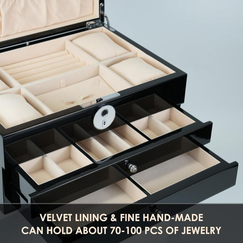 Jewelry Box with Fingerprint Lock, Black Wood Piano Lacquer Jewellery Organizer Storage Box with Drawer, 3-Layer Full Lockable, for Women or Men'S Gift