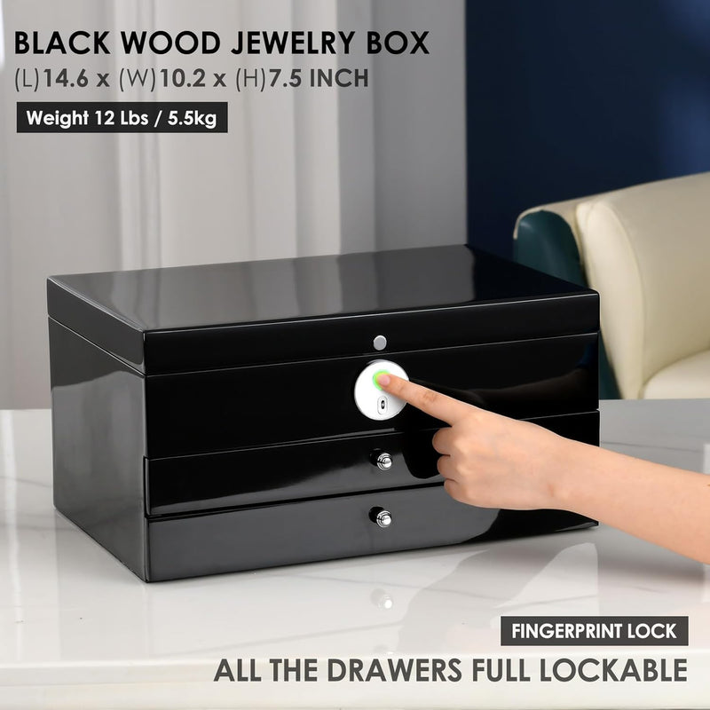 Jewelry Box with Fingerprint Lock, Black Wood Piano Lacquer Jewellery Organizer Storage Box with Drawer, 3-Layer Full Lockable, for Women or Men'S Gift