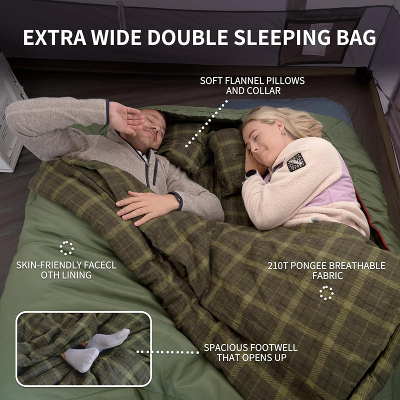 0 Degree and 40 Degree Flannel Two Person Sleeping Bag with Pillows for Adults, Couples & Family, Doublewide Double Sleeping Bag 2 Person for All Seasons Camping Hiking Backpacking