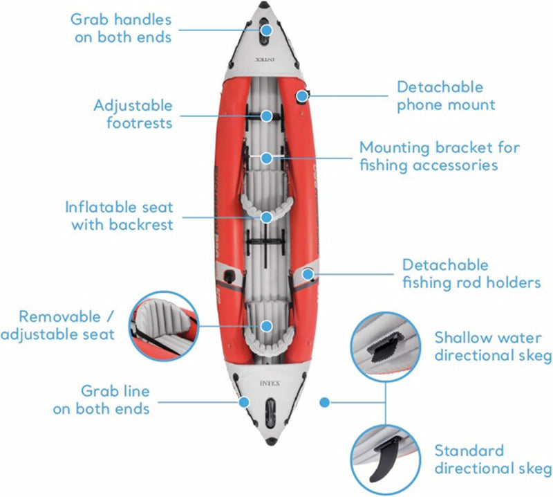 68309EP Excursion Pro K2 Inflatable Kayak Set: Includes Deluxe 86In Kayak Paddles and High-Output Pump – Supertough PVC – Adjustable Bucket Seat – 2-Person – 400Lb Weight Capacity