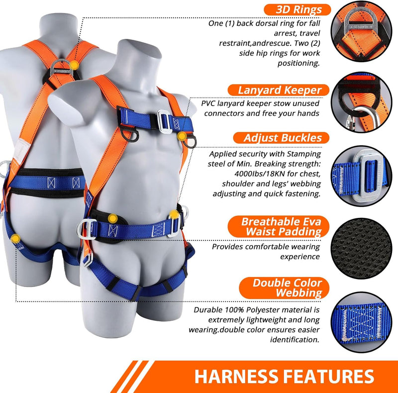 Safety Harness Fall Protection Kit: Full Body Roofing Harnesses with Shock Absorbing Lanyard - Updated Comfortable Waist Pad