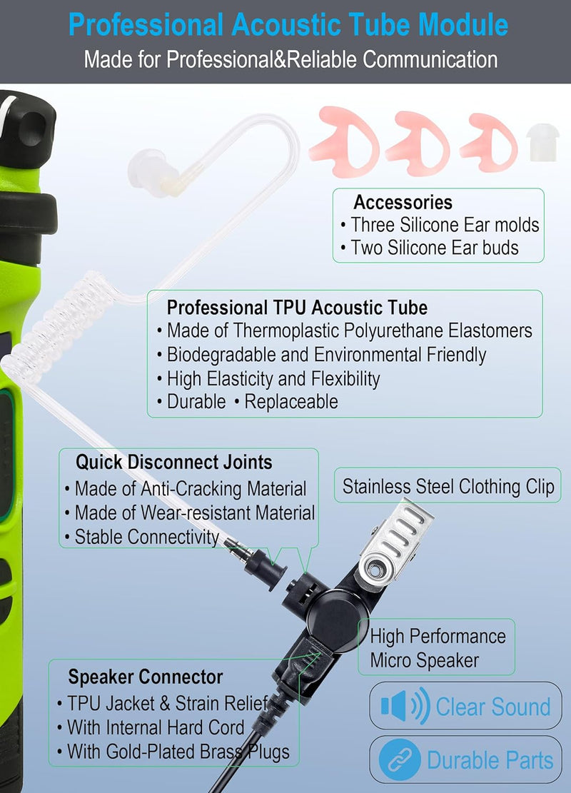 3.5Mm Listen Only Earpiece Compatible with Speaker Mic, Acoustic Tube Receive Only Headset with 3 Earmolds, for Police Security and Law Enforcement Use
