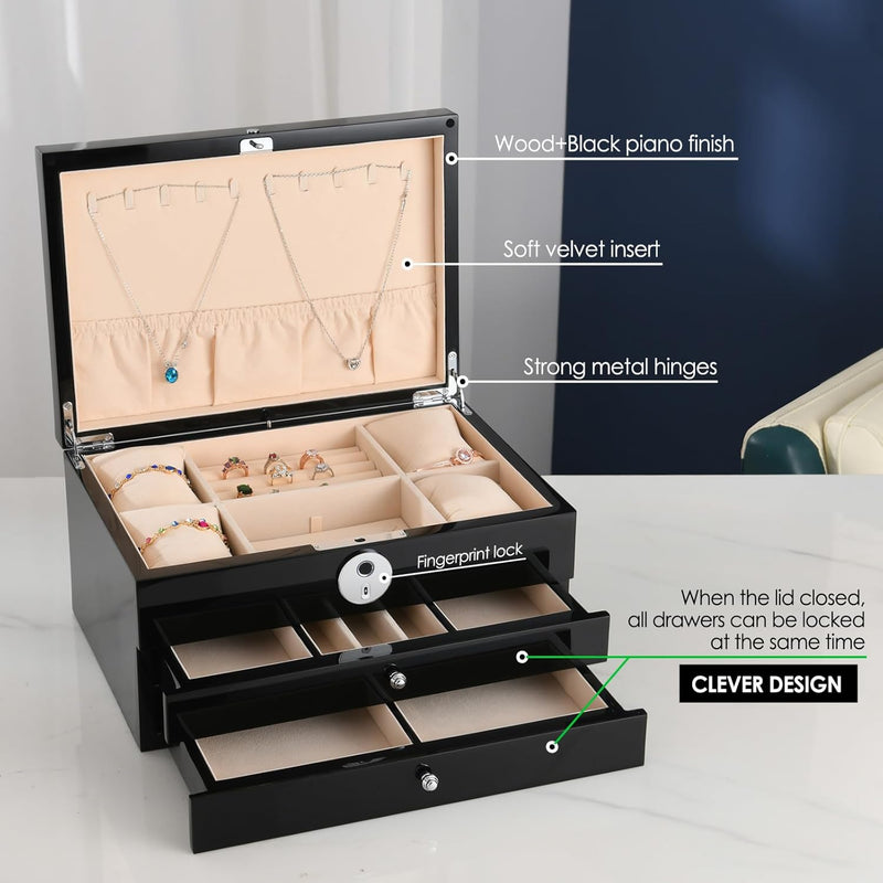 Jewelry Box with Fingerprint Lock, Black Wood Piano Lacquer Jewellery Organizer Storage Box with Drawer, 3-Layer Full Lockable, for Women or Men'S Gift