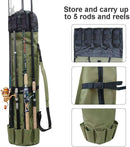 Durable Canvas Fishing Rod & Reel Organizer Bag Travel Carry Case Bag- Holds 5 Poles & Tackle