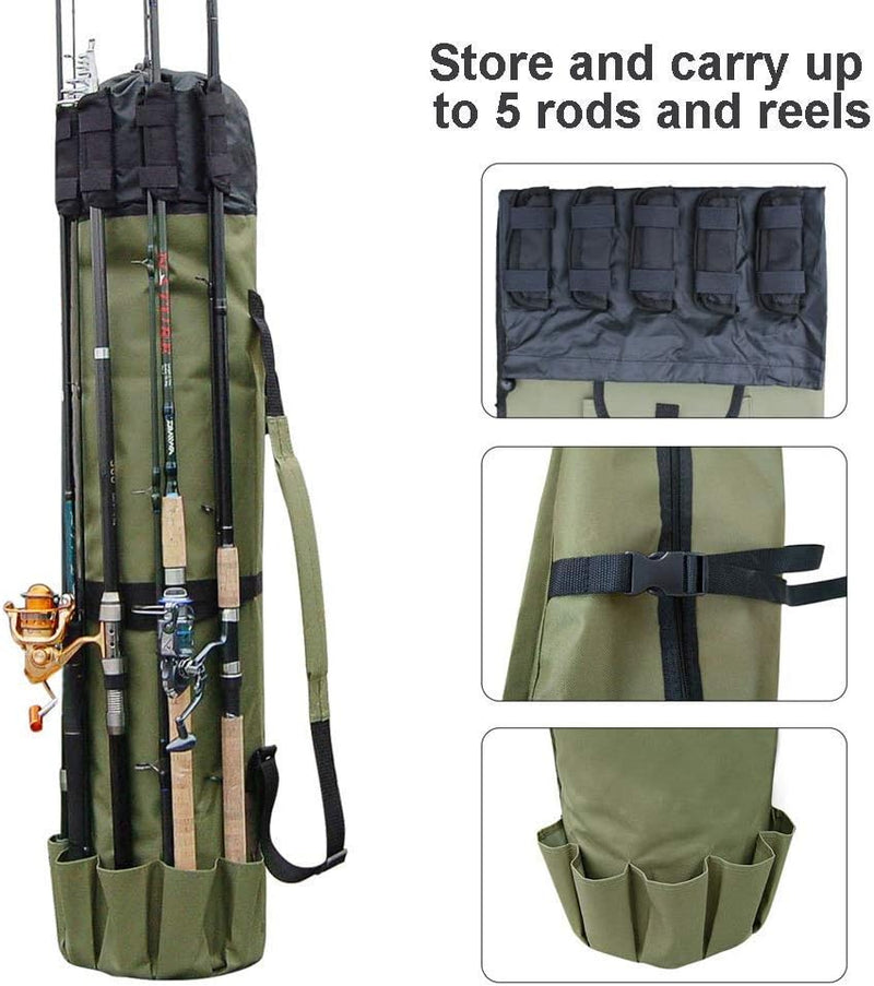 Durable Canvas Fishing Rod & Reel Organizer Bag Travel Carry Case Bag- Holds 5 Poles & Tackle
