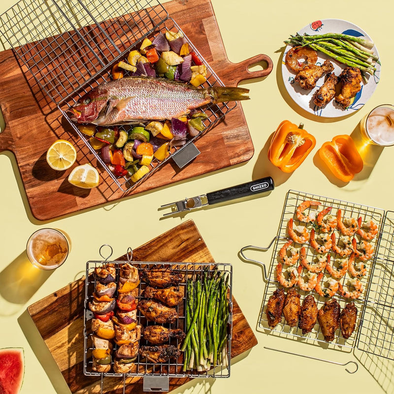 Grill Basket Set, Barbecue BBQ Grilling, Stainless Steel Folding Portable Outdoor Camping Rack for Fish, Shrimp, Vegetables, Cooking Accessories, Gifts for Dad, Husband, Friends