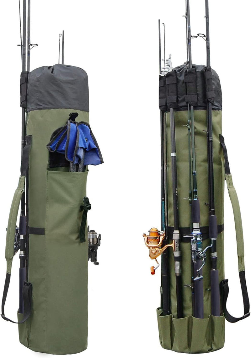 Durable Canvas Fishing Rod & Reel Organizer Bag Travel Carry Case Bag- Holds 5 Poles & Tackle