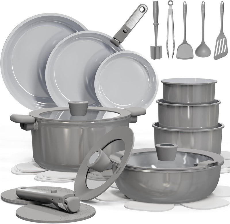 27Pcs Ceramic Cookware Set Nonstick, Pots and Pans Set Non Stick, Non Toxic Cookware, Dishwasher/Oven Safe, Rv/Camping Cookware Set, Pan and Pot with Kitchen Utensils, Dark Gray