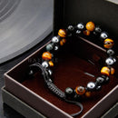 Triple Protection Bracelet, Genuine Tigers Eye Black Obsidian and Hematite 8Mm Beads Bracelet for Men Women, Crystal Jewelry Stone Bracelets Christmas Gifts for Men Bring Luck Prosperity