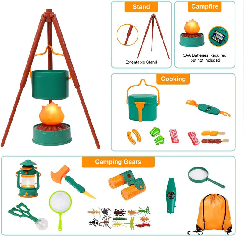 Kids Camping Set with Tent - Toddler Toys for Boys with Campfire, Camping Toys for Kids Indoor Outdoor Pretend Play, Gift Idea for Boys Age 3,4,5,6 Year Old Birthday Christmas (Green)