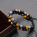 Triple Protection Bracelet, Genuine Tigers Eye Black Obsidian and Hematite 8Mm Beads Bracelet for Men Women, Crystal Jewelry Stone Bracelets Christmas Gifts for Men Bring Luck Prosperity