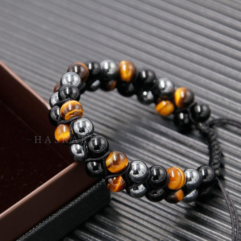 Triple Protection Bracelet, Genuine Tigers Eye Black Obsidian and Hematite 8Mm Beads Bracelet for Men Women, Crystal Jewelry Stone Bracelets Christmas Gifts for Men Bring Luck Prosperity