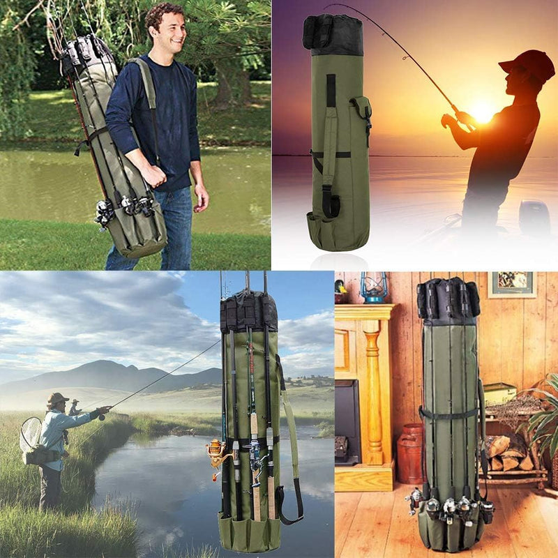 Durable Canvas Fishing Rod & Reel Organizer Bag Travel Carry Case Bag- Holds 5 Poles & Tackle