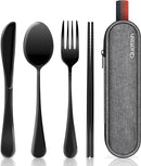 Travel Utensils with Case,  Portable Silverware Set for Work, Stainless Steel Reusable Travel Cutlery Set, Fork and Spoon Set for Camping, Picnic, Gadgets, Lunch Box for Men, Black