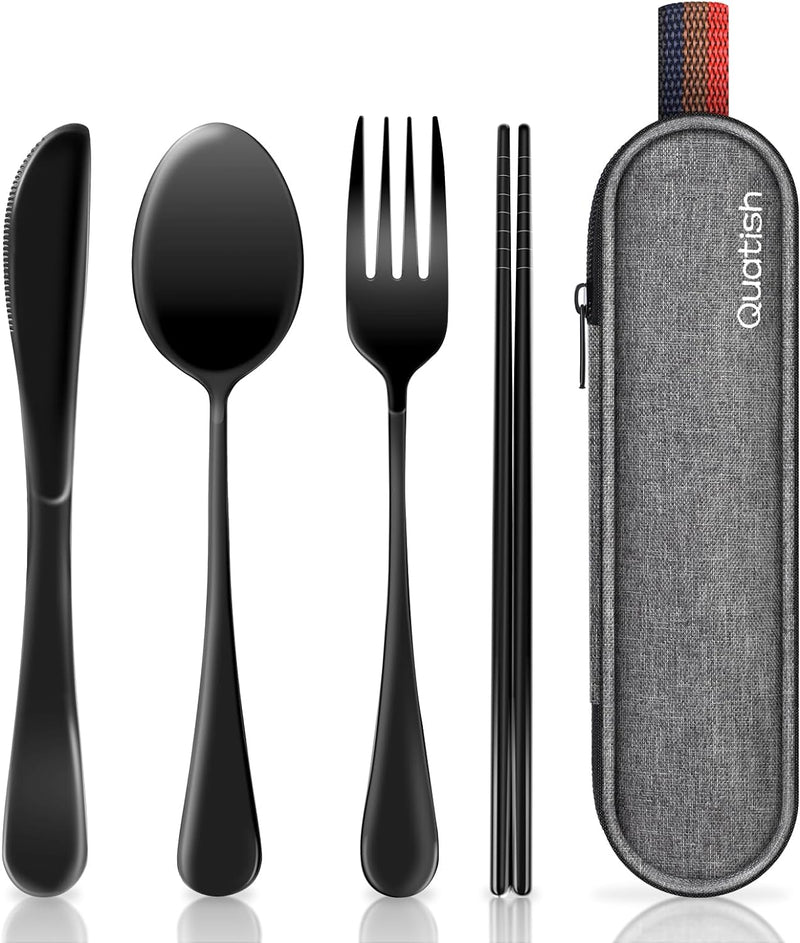 Travel Utensils with Case,  Portable Silverware Set for Work, Stainless Steel Reusable Travel Cutlery Set, Fork and Spoon Set for Camping, Picnic, Gadgets, Lunch Box for Men, Black