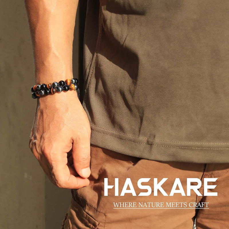 Triple Protection Bracelet, Genuine Tigers Eye Black Obsidian and Hematite 8Mm Beads Bracelet for Men Women, Crystal Jewelry Stone Bracelets Christmas Gifts for Men Bring Luck Prosperity