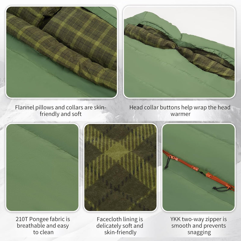 0 Degree and 40 Degree Flannel Two Person Sleeping Bag with Pillows for Adults, Couples & Family, Doublewide Double Sleeping Bag 2 Person for All Seasons Camping Hiking Backpacking