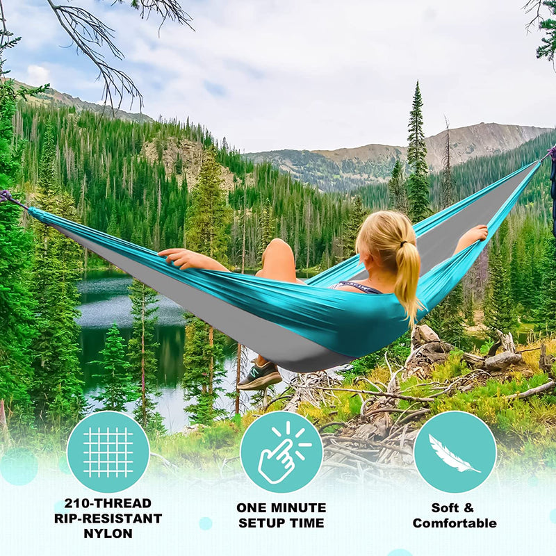 Camping Hammock Double & Single Portable Hammocks with 2 Tree Straps and Attached Carry Bag,Great for Outdoor,Indoor,Beach,Camping,Light Grey / Sky Blue
