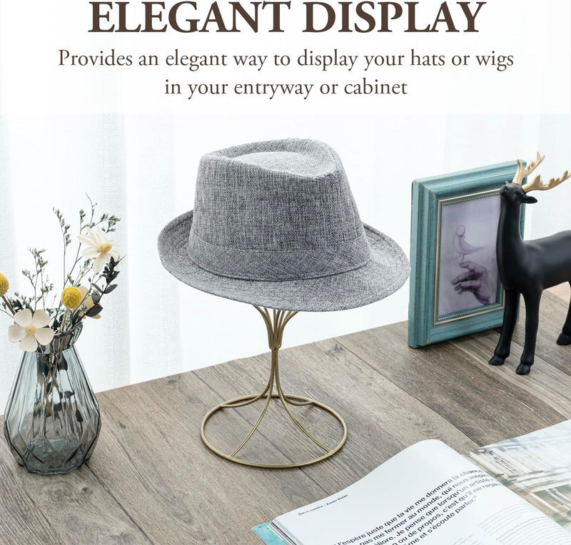 Handcrafted Modern Brass Electroplated Metal Hat Holder Stand with round Base, Decorative Tabletop Wig and Hat Display Stand, Set of 2 - Handmade in India